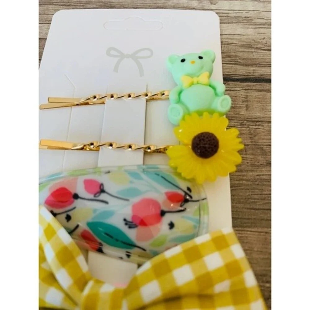 Hair pins fashion bear flower ribbon hair pin 4PC set  Yellow